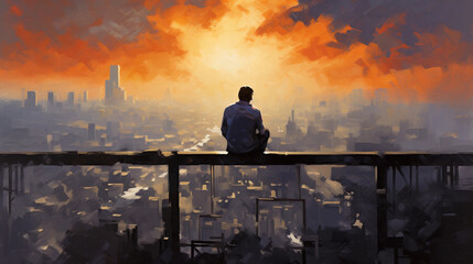 A vivid impressionist painting of a steelworker silhouetted against a setting sun, high above the city on a steel beam, evoking a sense of serenity and solitude