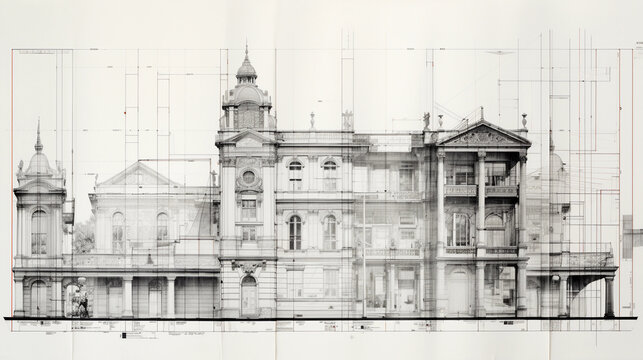 A set of architectural blueprints transitioning into a completed building, displayed in a split - screen, in a black and white, vintage photo style