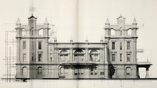 A set of architectural blueprints transitioning into a completed building, displayed in a split - screen, in a black and white, vintage photo style