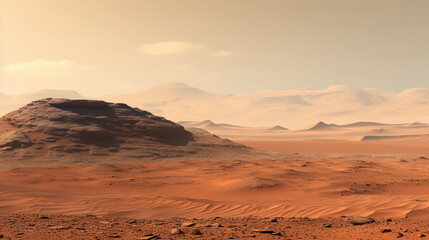 Fototapeta na wymiar the surface of Mars, showing reddish sand dunes, rocks, and distant mountains, as seen from a Mars Rover