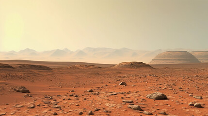 the surface of Mars, showing reddish sand dunes, rocks, and distant mountains, as seen from a Mars Rover