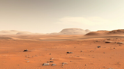 Fototapeta na wymiar the surface of Mars, showing reddish sand dunes, rocks, and distant mountains, as seen from a Mars Rover