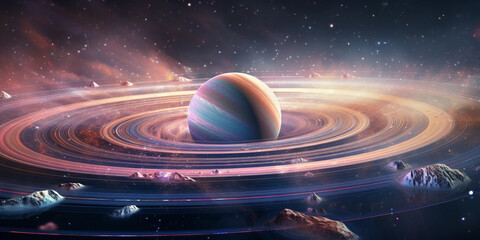 Saturn's rings, shimmering with multicolored ice and rock particles, impressionistic style, pastel palette