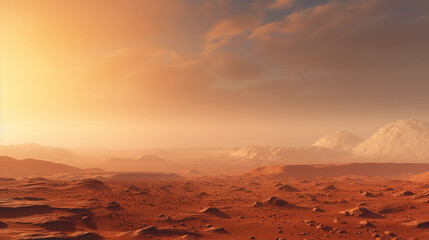 the surface of Mars, red sands, towering Olympus Mons in the distance, sunset casting long shadows,...