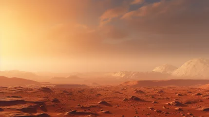 Fotobehang Panorama the surface of Mars, red sands, towering Olympus Mons in the distance, sunset casting long shadows, dust storm on the horizon