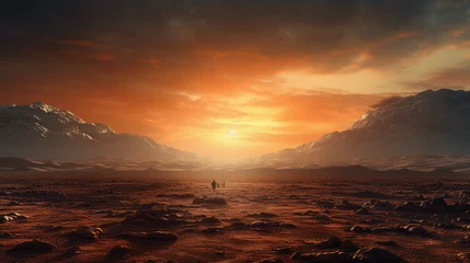 Poster de jardin Coucher de soleil sur la plage the surface of Mars, red sands, towering Olympus Mons in the distance, sunset casting long shadows, dust storm on the horizon