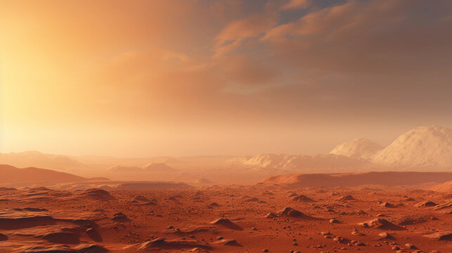 the surface of Mars, red sands, towering Olympus Mons in the distance, sunset casting long shadows, dust storm on the horizon