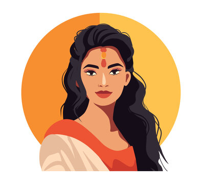 Vector icon of social media avatar girl indian girl from india. Indian culture. Portrait of a young woman with a beautiful hairstyle of the national image. Flat graphic vector illustration