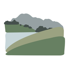 mountain illustration, abstract landscape clipart, vector nature background, travel road trip clip art, forest images flat cartoon style,   simple landscape, outdoor scenery