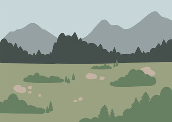 mountain landscape wall art illustration, abstract landscape clipart, vector simple nature background, travel road trip clip art, forest images in flat style, minimal outdoor, digital download print