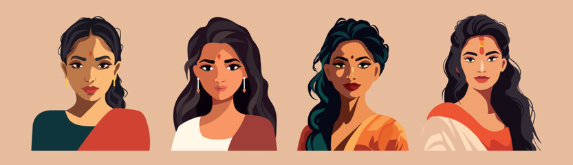 Vector set of india woman avatar in sari. Indian girls set. Portrait of a young girl from India in a traditional dress. Vector cartoon avatar icon