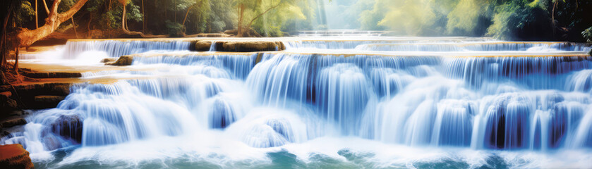 Beautiful Tropical Waterfall Panoramic Banner. Generative AI