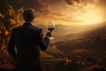 Man With Glass Of Wine In His Hand Stands With His Back To The Vineyards. Generative AI