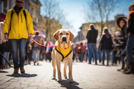 Guide Dog Assisting Its Handler Through Busy City Street Fair. Generative AI