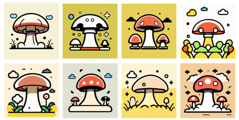 Mushrooms flat design vector icons cartoon style