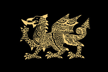 Zentangle art for Chinese Dragon with gold color isolated on dark black background - vector illustration
