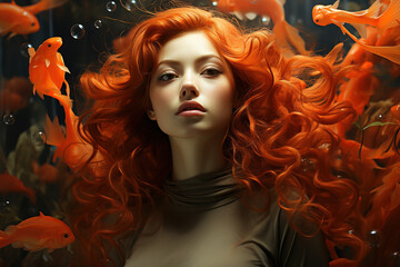 portrait of fashion woman with red hair, surreal image with floating fish. Generative Ai