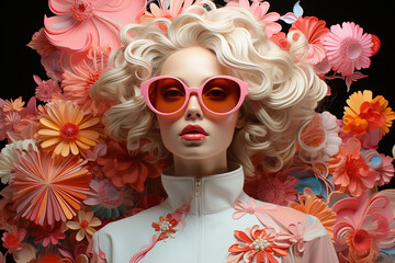 fashion blond woman with flowers. Generative Ai