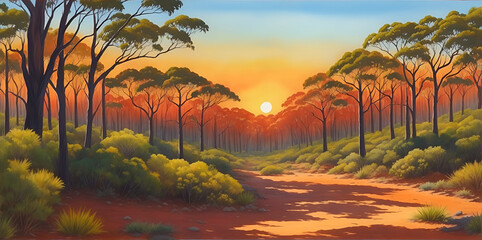 Australian bush painted landscape. AI generated illustration