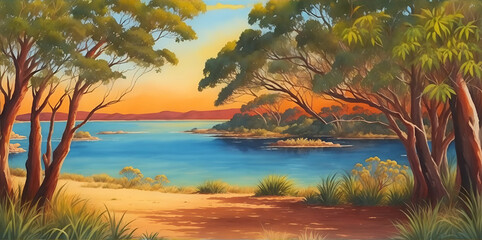 Fototapeta na wymiar Australian bush painted landscape. AI generated illustration