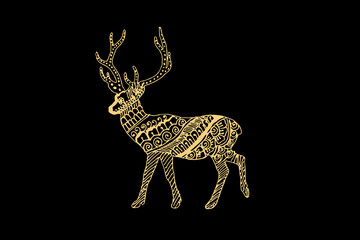 Zentangle art for Deer with gold color isolated on dark black background - vector illustration