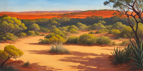 Australian bush painted landscape. AI generated illustration