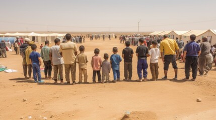 Crowd of homeless refugees view from the back with staff and children in refugee camp. Refugees and economy crisis.