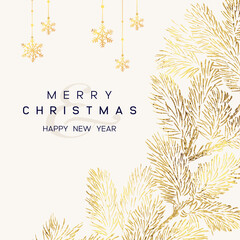 Christmas Poster with golden pine branches on white background. New year illustration. - 623204493