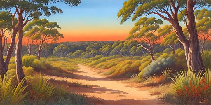 Australian bush painted landscape. AI generated illustration
