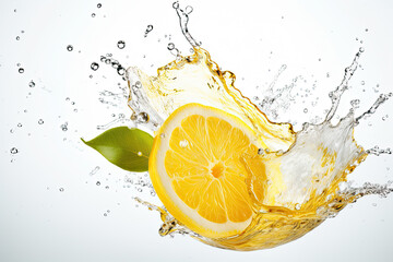 lemon slice water splash isolated on white background - obrazy, fototapety, plakaty