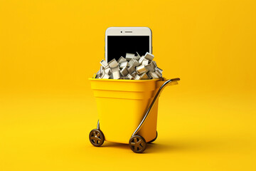 Mobile in the trash, junk entertainment, waste time, visual metaphor