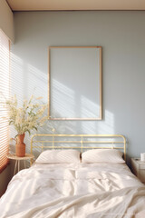artistic empty frame canvas mock up in a curated whimsical studio living bedroom setting with natural light and shadows - ai generative art	