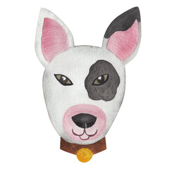 The face or head of a bull terrier. Muzzle of funny animal isolated on white background. Watercolor illustration in cartoon style