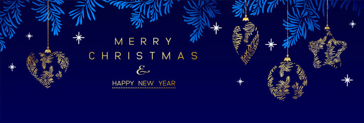 Vector banner of Christmas Background with branches of christmas tree and golden Christmas decorations. - 623205020