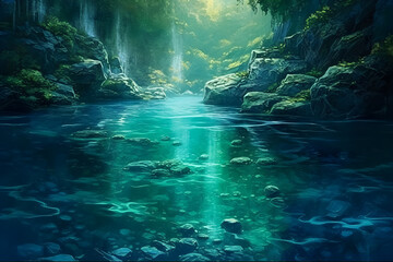 Enchanted forest lagoon with radiant water and cascading sunlight through trees. - obrazy, fototapety, plakaty