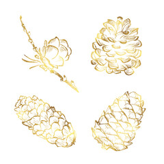 Christmas tree cones with golden foil texture isolated on white background.