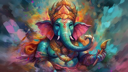 Happy Ganesh Chaturthi greetings card. Bright illustration background for Ganesh Chaturthi Hindu festival celebrated in India to honor Lord Ganesha, the elephant-headed deity - obrazy, fototapety, plakaty