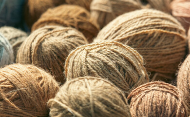 Skeins of yarn for knitting at the market. Selective focus