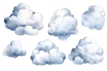 Watercolor white clouds clip art on white background Generative AI