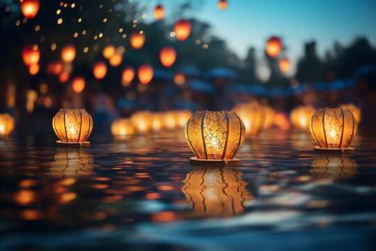 Paper lanterns float on dark water. Traditional Floating Lantern Festival, Memorial Day. Generative AI illustration