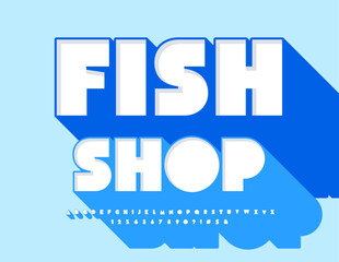Vector advertising emblem Fish Shop. Creative Abstract Font with Big Blue Shadow. 3D Alphabet Letters and Numbers set