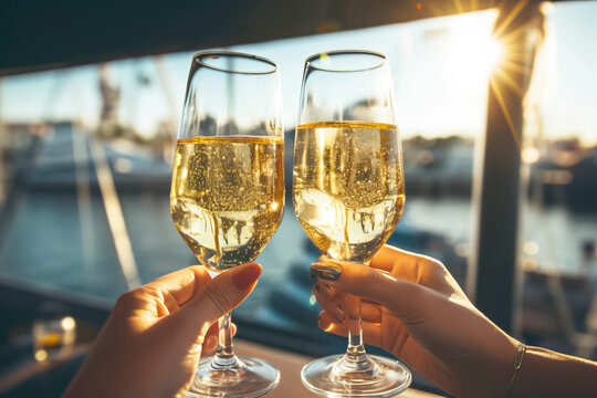 Female couple clinking sparkling wine glasses at sunset on a yacht. Generative AI illustration