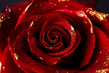 Close-up of golden roses on black background. Creative floral concept. Bloom rose wallpaper. Gold...