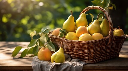 A basket of fresh ripe pears on a wooden table in the garden. Created with Generative Ai technology.