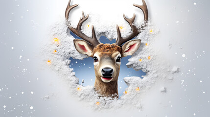 Cute beautiful Little 3d Christmas reindeer breaking out the snow wall