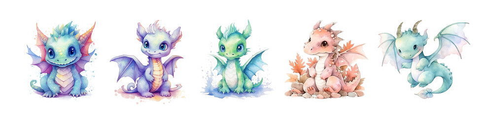 Fototapeta premium Сute watercolor colorful dragons set, isolated on white. Generative AI
