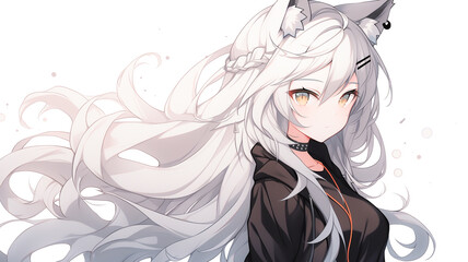 Fototapeta premium Young cat girl, anime character, cute pointy ears. Colourful background wallpaper. Created with Generative AI.