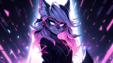 Young cat girl, anime character, cute pointy ears. Colourful background wallpaper. Created with Generative AI.