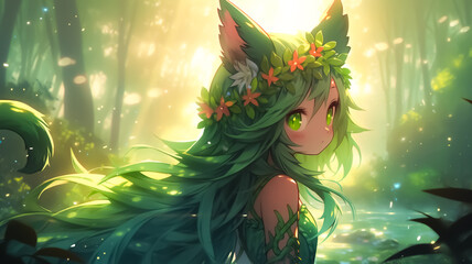 Young cat girl, anime character, cute pointy ears. Colourful background wallpaper. Created with Generative AI.