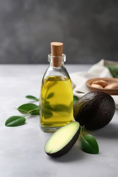 Avocado natural essential oil in glass bottle with fresh avocado fruit, still life composition. 